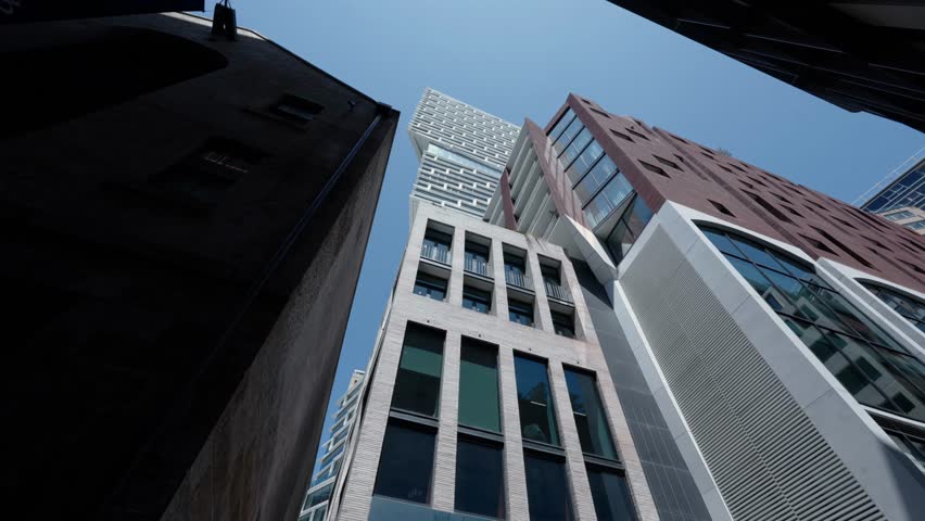 Towering Buildings In Sydney Central Business District In NSW Australia. Low Angle Shot