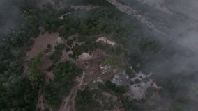 Aerial view of railway bridge over varbitsa river at sunrise surrounded by fog and hills, Balabanovo, Bulgaria. - Powered by Shutterstock - Get 15% off with code: PIKWIZARD15