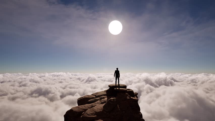 Western man standing on top of rocky mountain peak above cloudscape with white puffy clouds moving, on day time, with bright sun, 3D animation, camera zoom