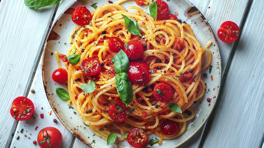delicious spaghetti pasta with cherry tomatoes and fresh basil on a rustic grill