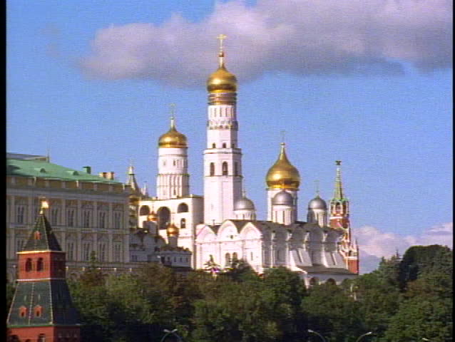 Moscow, Russia, Kremlin Cathedral, white with five gold onion domes