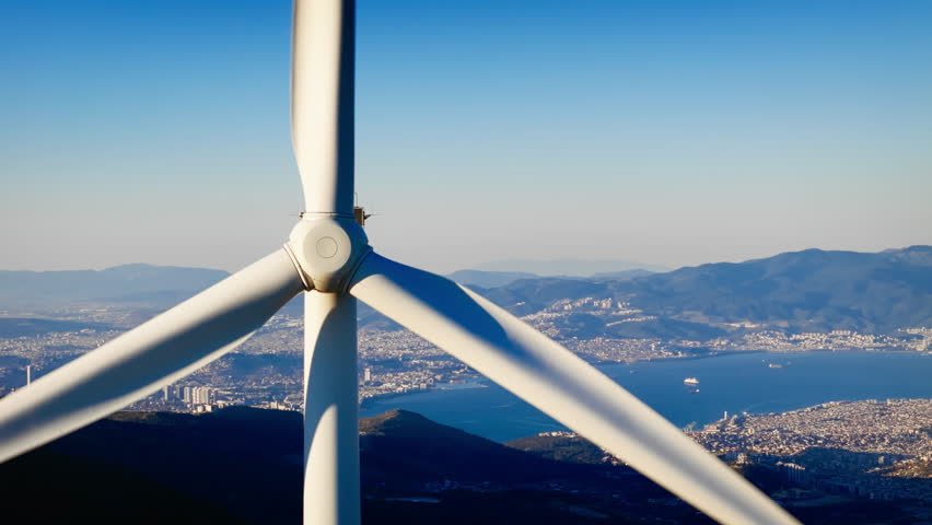 Wind turbine energy generator close-up in suburban, Energy transition with zero emission carbone
