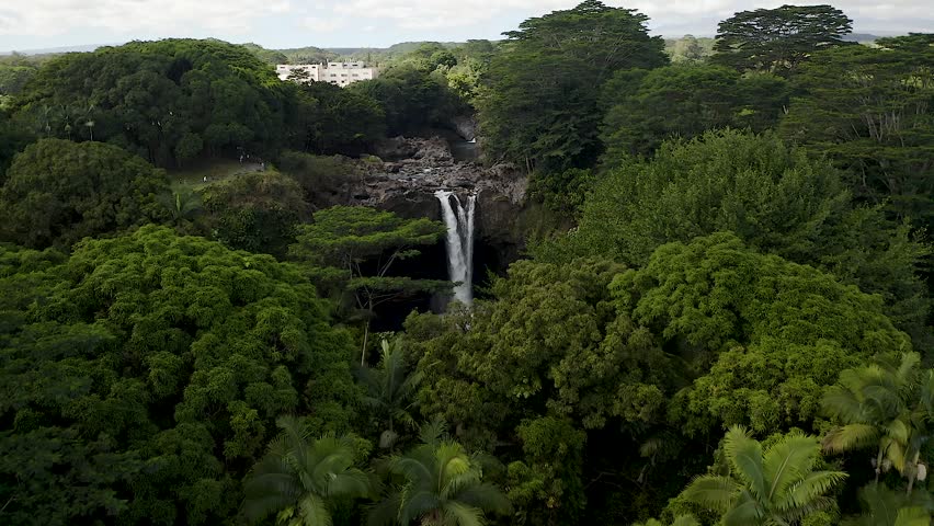 A wide-angle view of Rainbow Falls on Big Island, Hawaii, surrounded by lush tropical rainforest and vibrant greenery under a bright sky.
