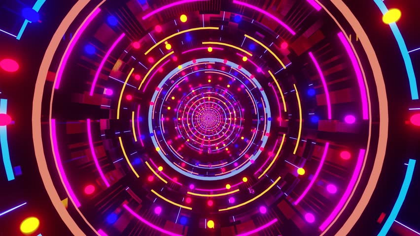 A 3D illustration of an abstract futuristic tunnel in motion with glowing, colorful light