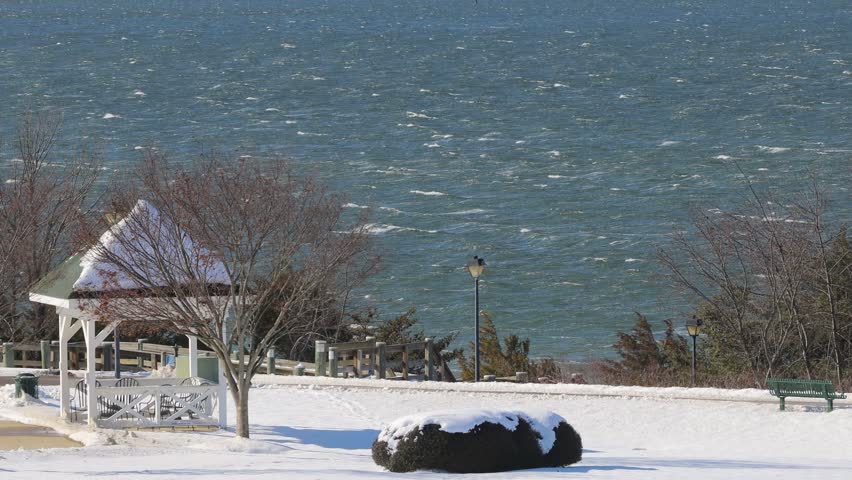 Solomons, Maryland, USA A view of a blustery Patuxent River with white caps on a sunny winter day.