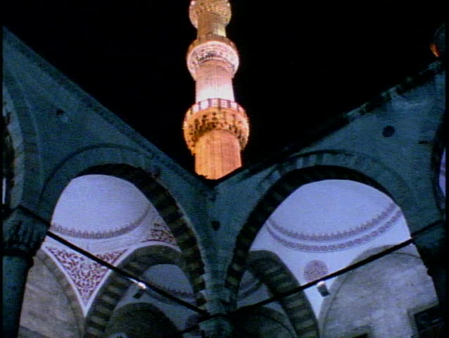 The Blue Mosque of Istanbul at night, one minaret tilt up