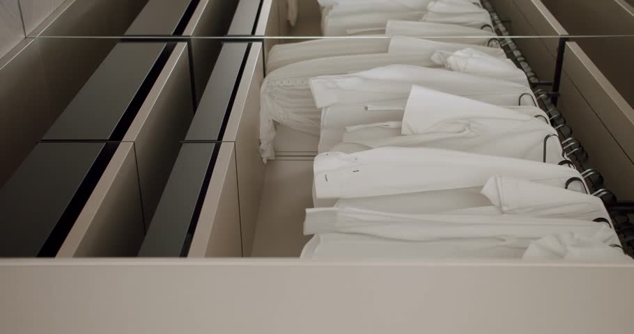 Neatly hung white shirts in a well-organized modern wardrobe. Depicts concepts of order, cleanliness, and minimalism. Organized Wardrobe with Neatly Hung White Shirts in Modern Closet Vertical