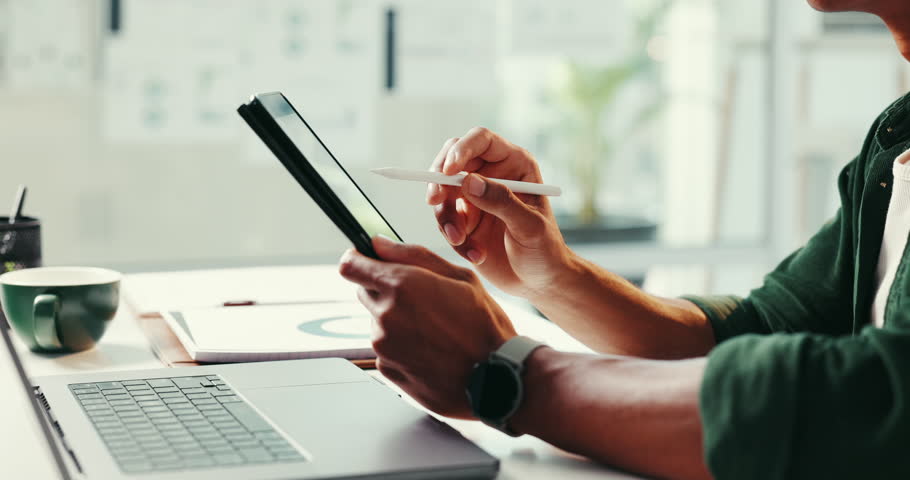 Hands, business and person calculate on tablet for schedule checklist, planning calendar and bookkeeping. Accountant, counting and digital website with financial agenda, budget list and profit growth