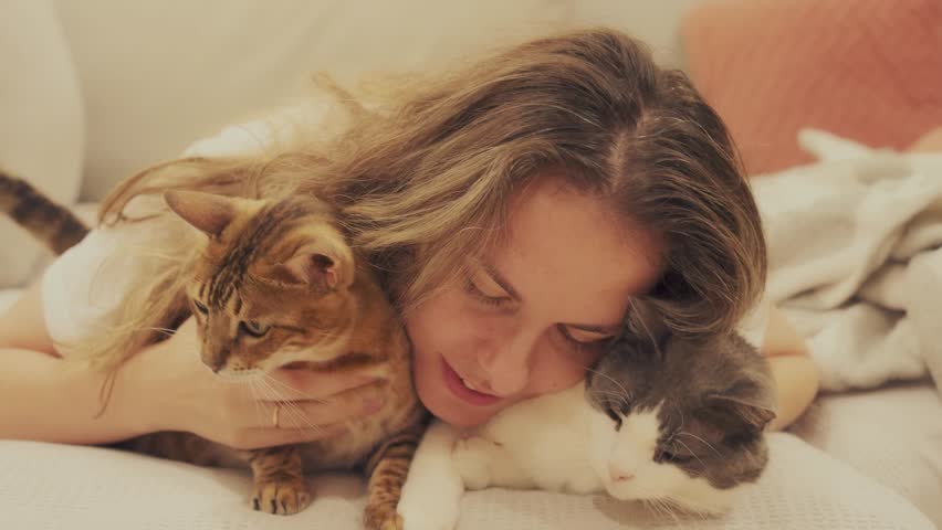 happy woman lying on sofa hugging two cute cats, joyfully kissing bengal cat and non-pedigree fluffy cat. Joyful family person friends with animals pets concept love care. girl casual clothes pajamas.