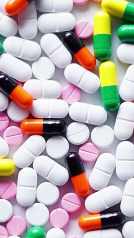 A dynamic view of medicine pills and capsules rotating, captured in vertical footage. Ideal for health, pharmaceutical, and product showcase content in short video format.