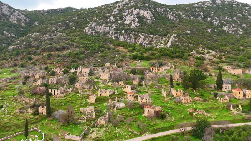 historical old abandoned stone houses and village on the mountainside izmir mordoğan roadside