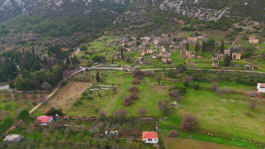 historical old abandoned stone houses and village on the mountainside izmir mordoğan roadside