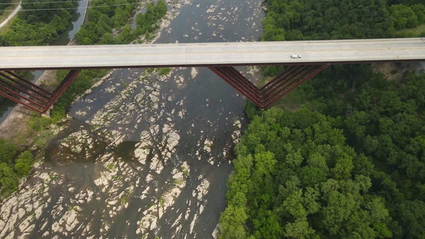 An empty bridge over the Shenandoah River. The view from the bottom from top to bottom.
