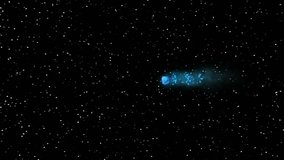 Comet Flying Through Space. An icy comet with a glowing, gaseous tail flies through space. Chunks of ice fly along with the comet. The camera shakes as it approaches the comet, then flies away. - Powered by Shutterstock - Get 15% off with code: PIKWIZARD15