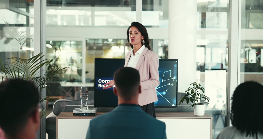 Career woman, presentation and group with screen for corporate restructuring, training and teamwork. Speaker, tech and communication for audience, review or feedback in office for business innovation