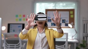 Businesswoman gesturing while wearing a virtual reality headset in a bright office setting, showcasing modern technology and innovation - Powered by Shutterstock - Get 15% off with code: PIKWIZARD15