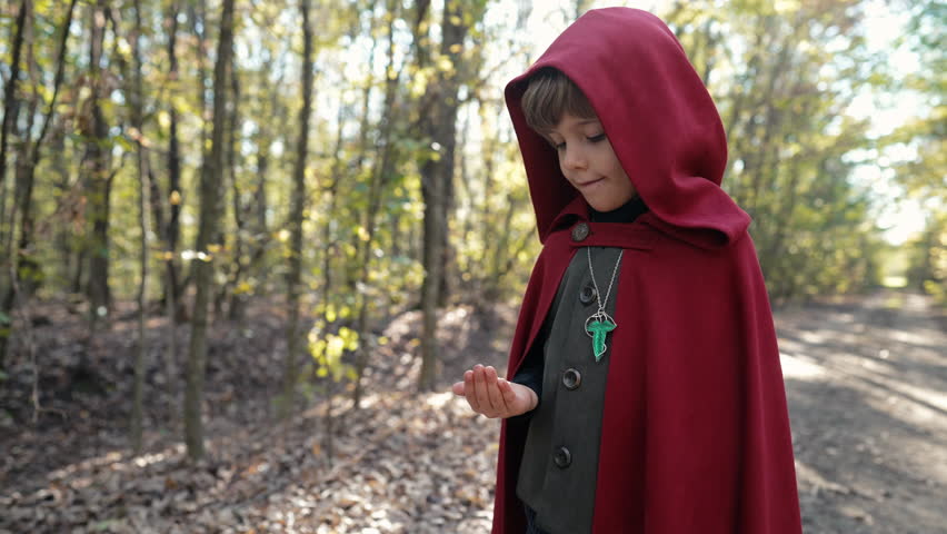 Little cosplayer hobbit boy in cape costume in autumn forest admiring gold ring. Fantasy journey, halloween, fellowship cosplay. High quality 4k footage