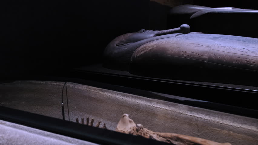 A detailed view of the Tabnit Sarcophagus on display at the Istanbul Archaeological Museums. The head of the human figure on the lid of the sarcophagus is remarkable for its detailed workmanship.