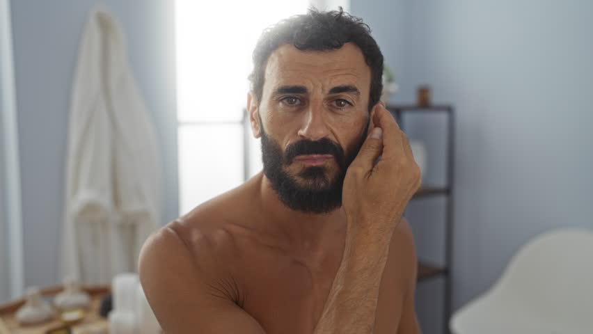 Hispanic man with beard in a spa room smiling and touching his face