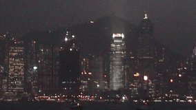 A VHS camcorder recording captures Hong Kong's urban skyline, featuring high-rise buildings under overcast skies, with muted colors and slight graininess characteristic of format's vintage aesthetic - Powered by Shutterstock - Get 15% off with code: PIKWIZARD15