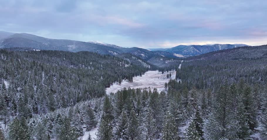 Winter Aerial Drone Footage Forest and Meadows Missoula Montana