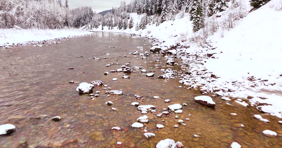 Aerial Drone Snowy Terrain Glacier National Park Montana Winter