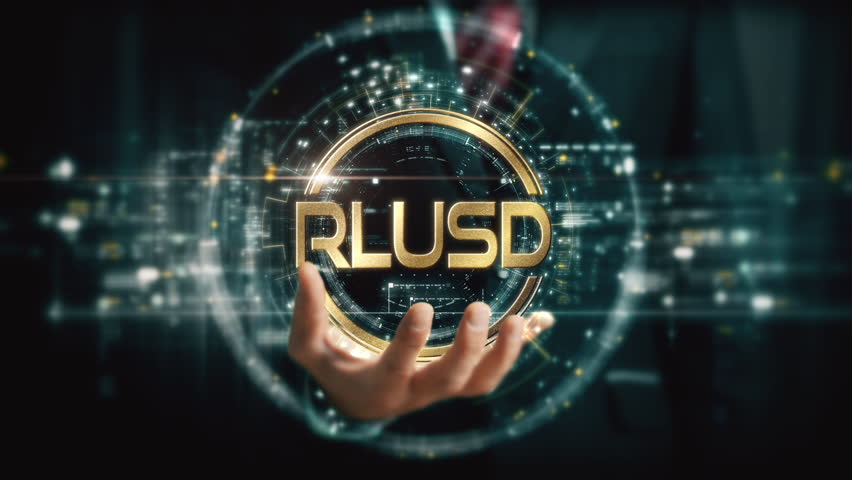 A visionary businessman extends his hand, unveiling a vibrant futuristic holographic display showcasing global crypto trading, business analytics, stock exchanges, and market trends : RLUSD