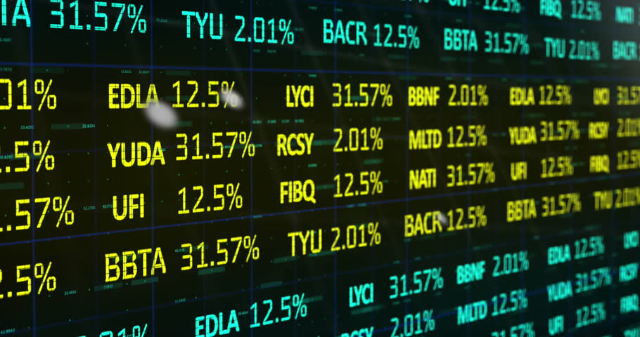 Stock market data on screens showing dynamic financial figures and trends. The display reflects the fast-paced environment of the stock exchange, slow motion.