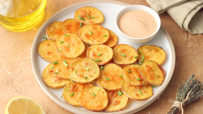 Baked potatoes with sauce. Homemade chips. Appetizer. Snack. Vegetarian food.