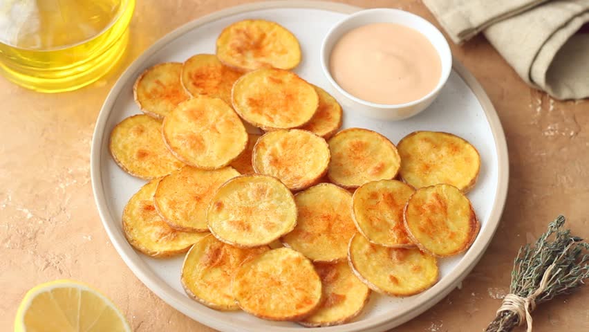 Baked potatoes with sauce. Homemade chips. Appetizer. Snack. Vegetarian food.