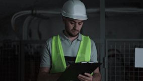 Serious electrical engineer in hardhat and uniform writing on clipboard near electrical control panel in dark server room. Focused male technician inspecting equipment in modern data center. - Powered by Shutterstock - Get 15% off with code: PIKWIZARD15