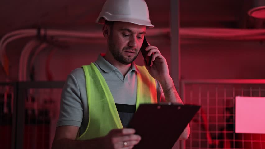 Serious man in uniform and helmet makes notes on clipboard while talking on phone. Industrial building interior. Flashing red light. System failure, danger