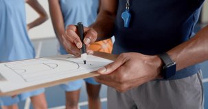 Coach drawing basketball play on clipboard, instructing players on court strategy. Coaching, teamwork, training, sports, instruction, playbook - Powered by Shutterstock - Get 15% off with code: PIKWIZARD15