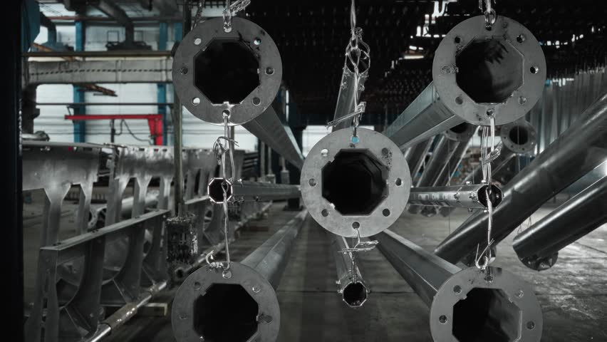 A production hall in a factory. Production of galvanized metal supports.