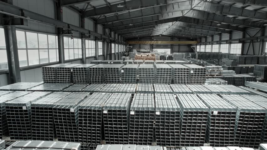 Finished goods warehouse. Steel beams and posts with galvanization, stored in the warehouse.