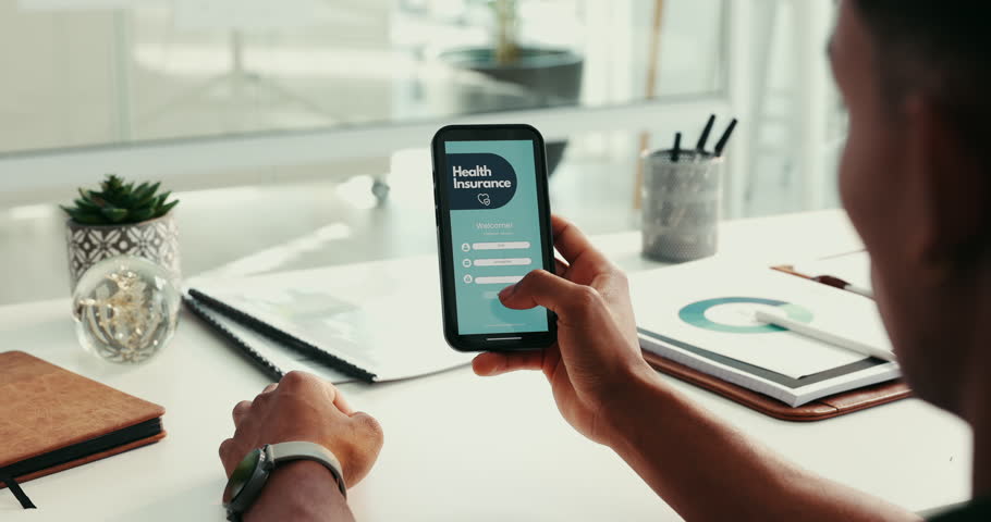 Hands, phone screen and health insurance at office with application, ui and check mark at creative agency. Person, smartphone and ux with sign up, symbol and registration for medical service