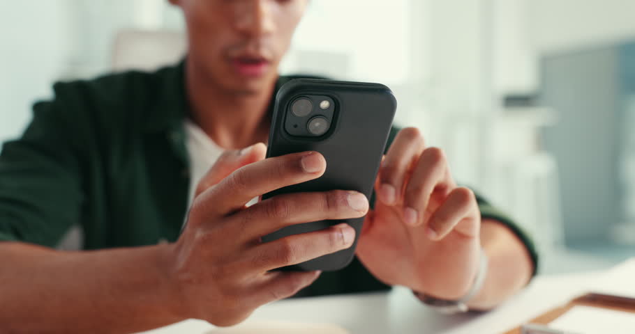 Office, hands and man with phone for surprise good news, announcement or online chat notification. Wow, typing and person at desk with smartphone, connection and digital communication on mobile app