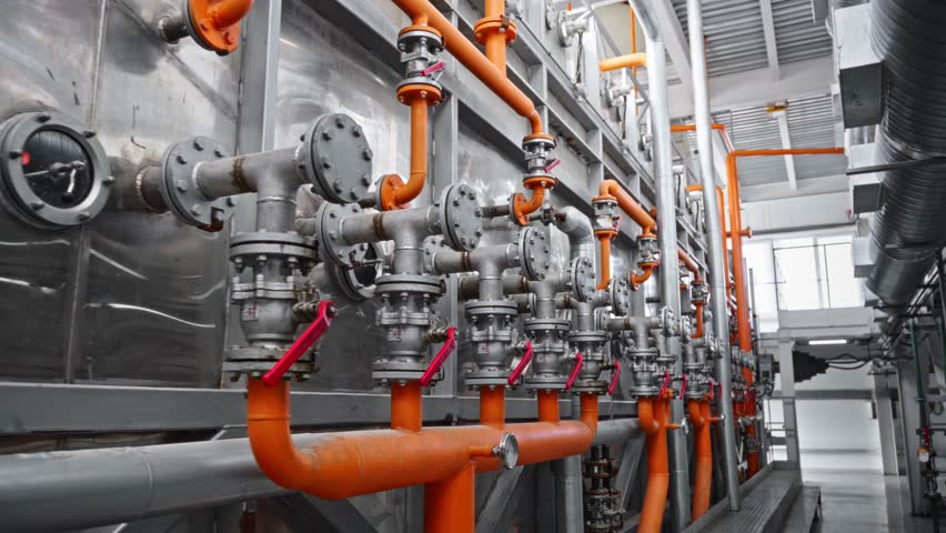 Industrial cleaning system in a food industry. Stainless steel tanks with filters and piping.