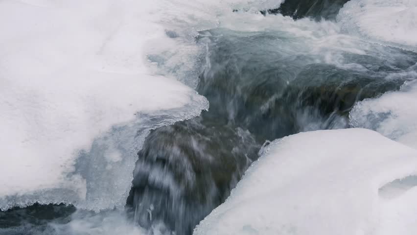 Frozen River Creek In Winter Background.