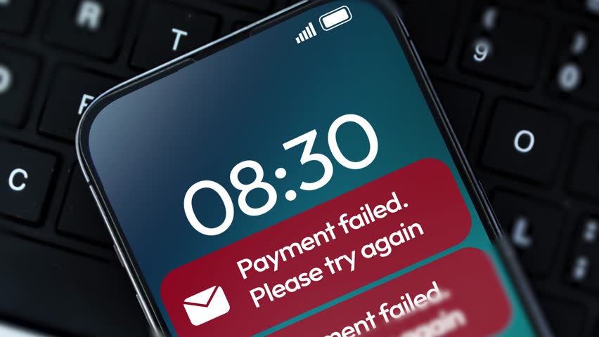Payment Failed notification on the screen 4k footage close up. Online payment failure concept message design.