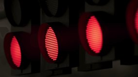 CLOSE-UP of start lights of night racing event. Intense LED signals indicating start sequence at motorsport circuit. Realistic 3d rendering. 3D Illustration - Powered by Shutterstock - Get 15% off with code: PIKWIZARD15