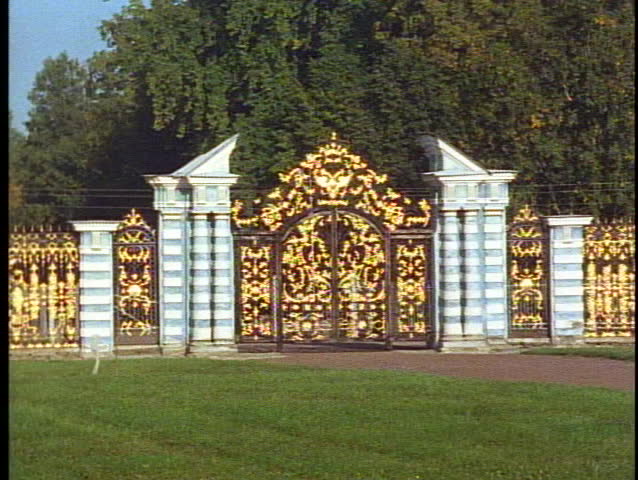 St. Petersburg, Russia, Summer Palace (blue and white), gates, medium shot