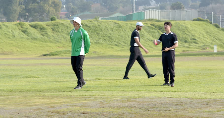 Playing cricket, bowler running towards wicket with umpire watching closely. Sports, competition, action