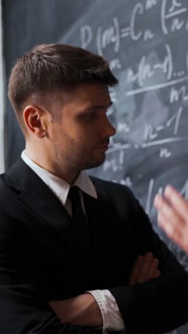 Two young handsome successful scientists in formal suit and tie, spectacles and medical gown writing, discussing and analyzing math equations on a chalk desk board. Handy life camera. Close-up