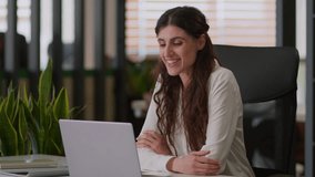 Caucasian businesswoman video call online meeting computer conference laptop internet connection chatting greet virtual consulting job interview female smiling girl saleswoman business woman in office - Powered by Shutterstock - Get 15% off with code: PIKWIZARD15