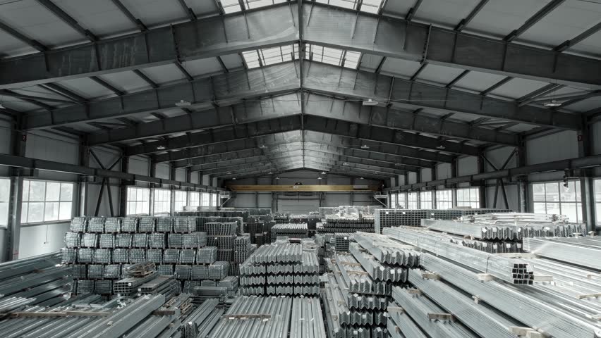 Finished goods warehouse. Steel beams and posts with galvanization, stored in the warehouse.