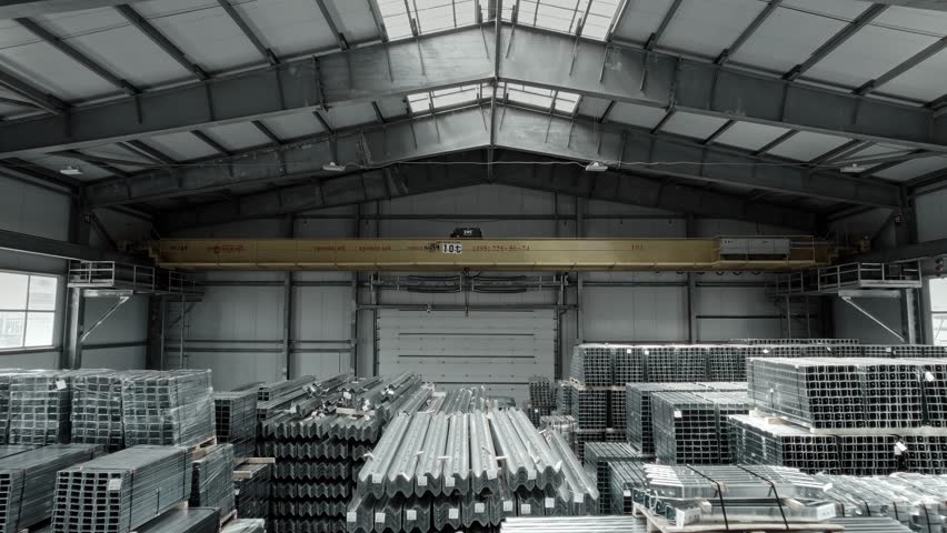 Finished goods warehouse. Steel beams and posts with galvanization, stored in the warehouse.