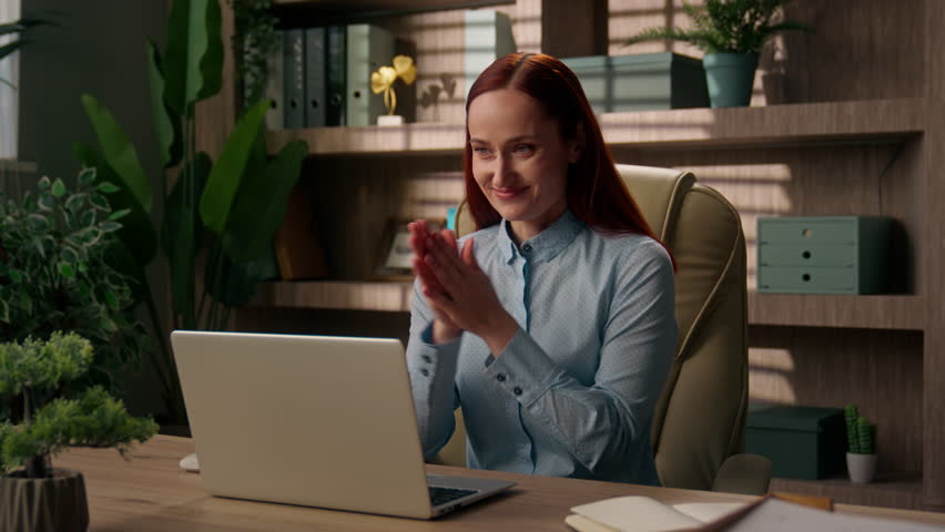 Businesswoman Caucasian girl employer go office sit table open desktop computer smiling satisfied business woman worker manager start working day email typing laptop morning online pc work studying