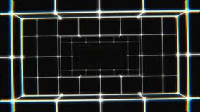 Abstract white grid, moving and glowing with bright neon light. Glowing wireframe landscape background. Black floor and ceiling in perspective. Retro futurism style on the theme of the 80s and 90s. - Powered by Shutterstock - Get 15% off with code: PIKWIZARD15