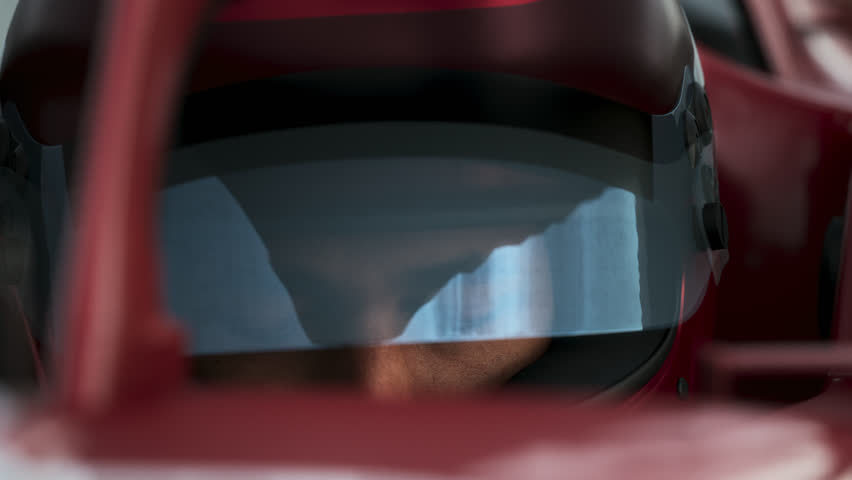 Close-up of a focused pilot driver in a red racing car, wearing a helmet, preparing for a high-speed race. Realistic 3d rendering. 3D Illustration
